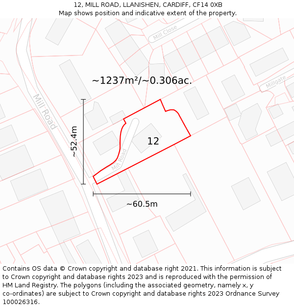12, MILL ROAD, LLANISHEN, CARDIFF, CF14 0XB: Plot and title map