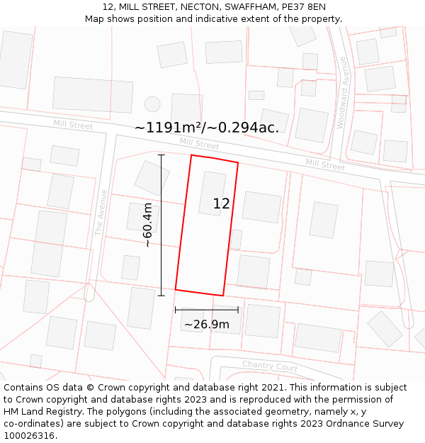 12, MILL STREET, NECTON, SWAFFHAM, PE37 8EN: Plot and title map