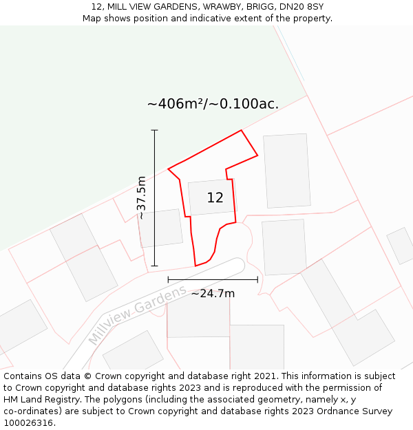 12, MILL VIEW GARDENS, WRAWBY, BRIGG, DN20 8SY: Plot and title map