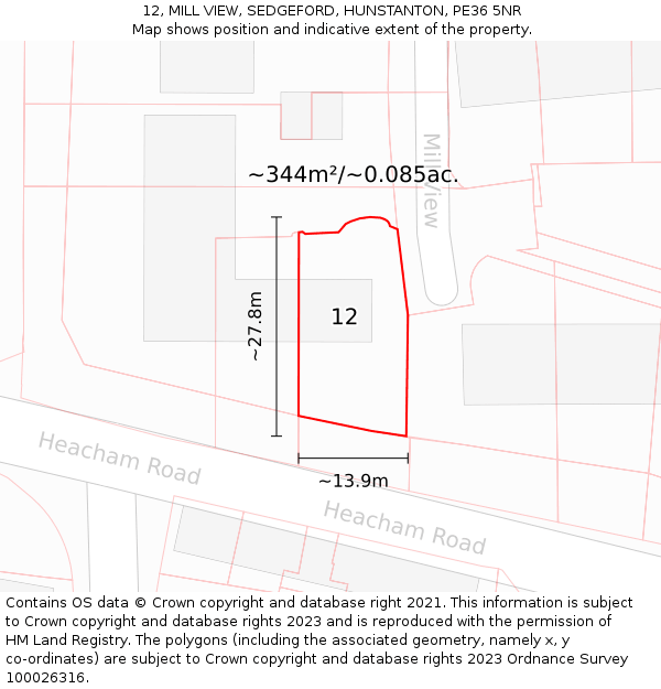 12, MILL VIEW, SEDGEFORD, HUNSTANTON, PE36 5NR: Plot and title map