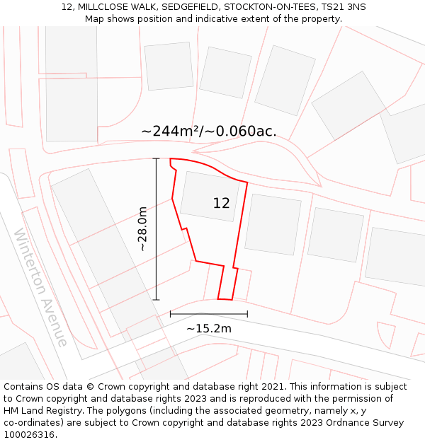 12, MILLCLOSE WALK, SEDGEFIELD, STOCKTON-ON-TEES, TS21 3NS: Plot and title map