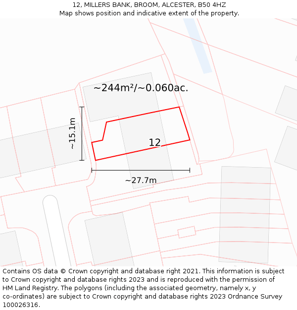 12, MILLERS BANK, BROOM, ALCESTER, B50 4HZ: Plot and title map