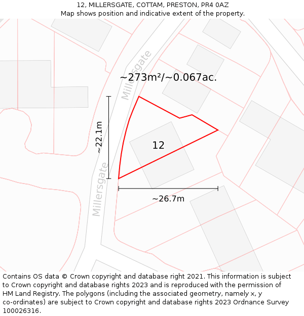12, MILLERSGATE, COTTAM, PRESTON, PR4 0AZ: Plot and title map