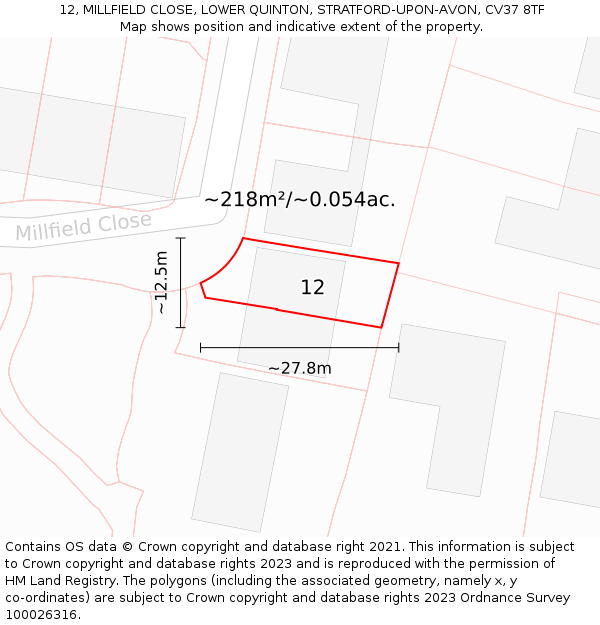 12, MILLFIELD CLOSE, LOWER QUINTON, STRATFORD-UPON-AVON, CV37 8TF: Plot and title map