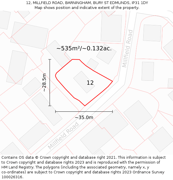 12, MILLFIELD ROAD, BARNINGHAM, BURY ST EDMUNDS, IP31 1DY: Plot and title map