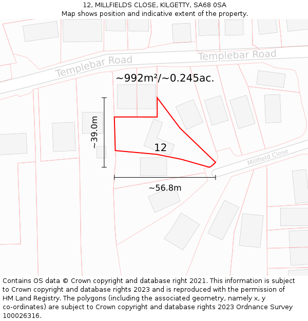 12, MILLFIELDS CLOSE, KILGETTY, SA68 0SA: Plot and title map