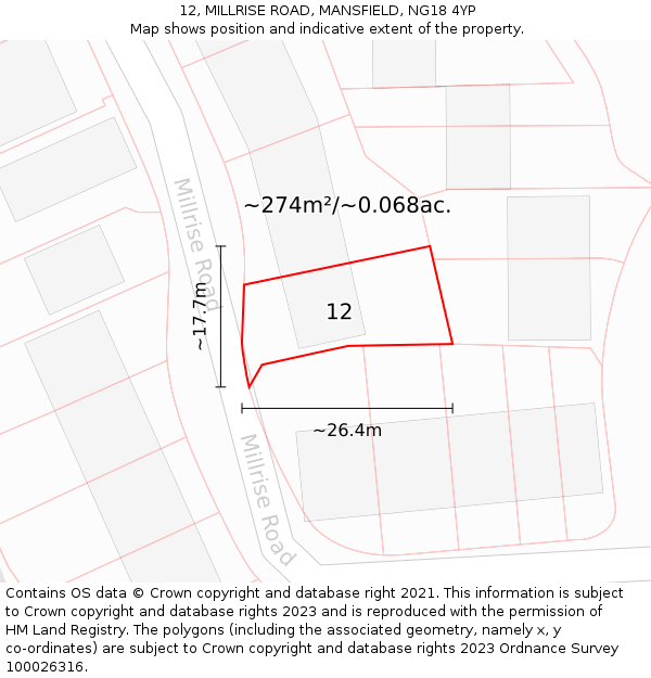12, MILLRISE ROAD, MANSFIELD, NG18 4YP: Plot and title map