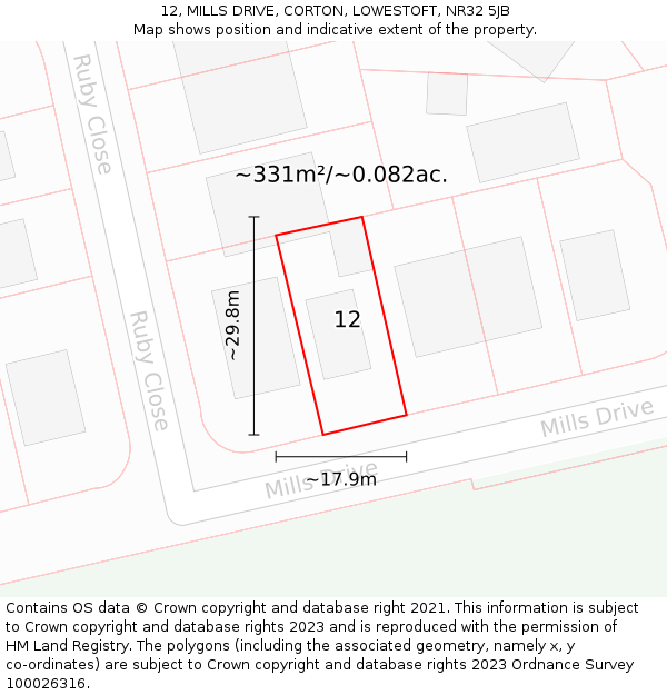 12, MILLS DRIVE, CORTON, LOWESTOFT, NR32 5JB: Plot and title map