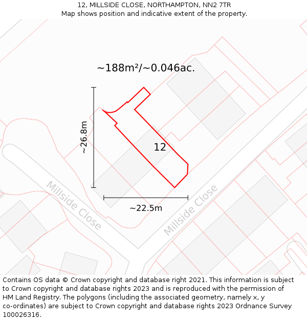 12, MILLSIDE CLOSE, NORTHAMPTON, NN2 7TR: Plot and title map