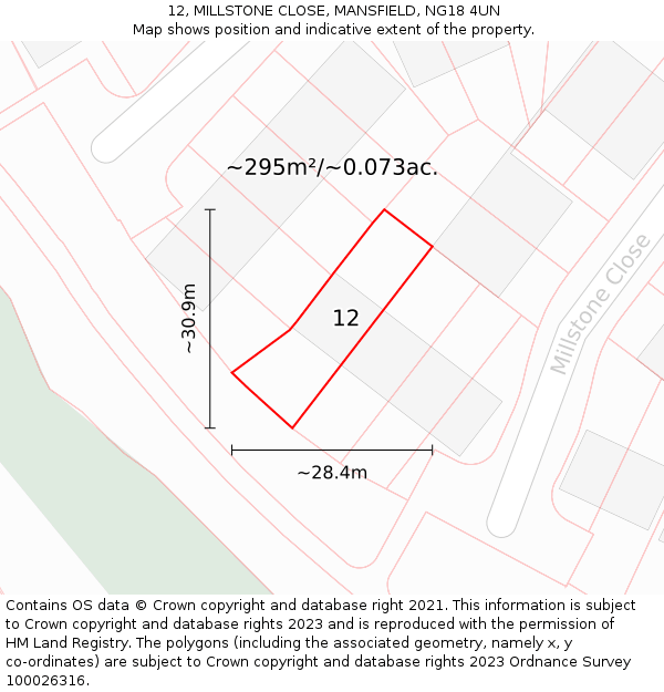 12, MILLSTONE CLOSE, MANSFIELD, NG18 4UN: Plot and title map