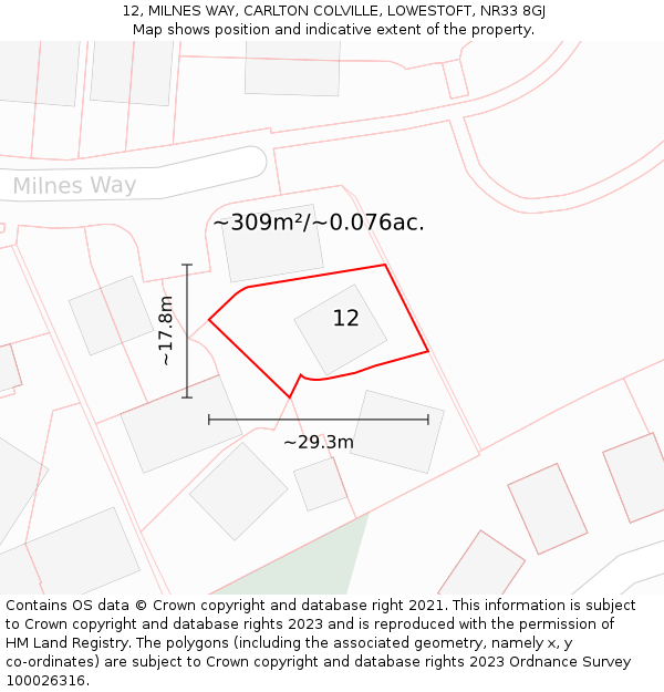 12, MILNES WAY, CARLTON COLVILLE, LOWESTOFT, NR33 8GJ: Plot and title map