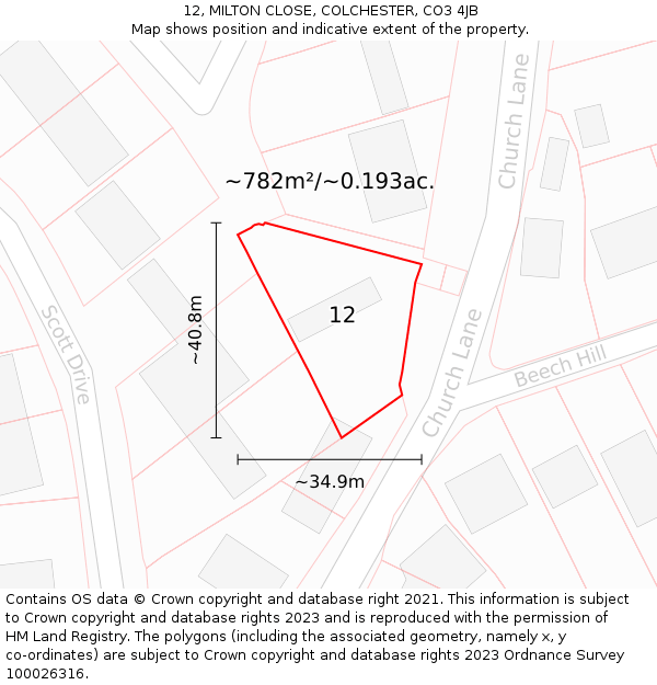 12, MILTON CLOSE, COLCHESTER, CO3 4JB: Plot and title map
