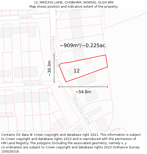 12, MINCING LANE, CHOBHAM, WOKING, GU24 8RX: Plot and title map