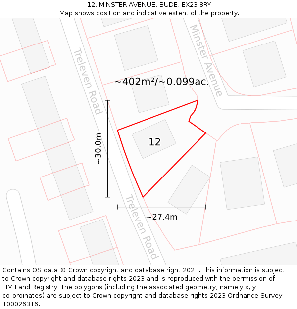 12, MINSTER AVENUE, BUDE, EX23 8RY: Plot and title map