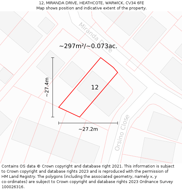 12, MIRANDA DRIVE, HEATHCOTE, WARWICK, CV34 6FE: Plot and title map
