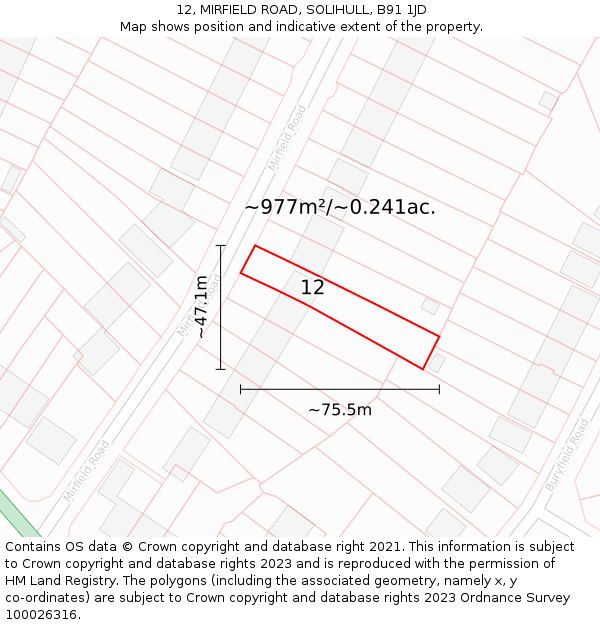 12, MIRFIELD ROAD, SOLIHULL, B91 1JD: Plot and title map