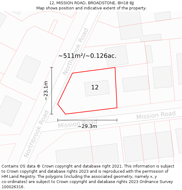 12, MISSION ROAD, BROADSTONE, BH18 8JJ: Plot and title map