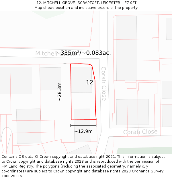 12, MITCHELL GROVE, SCRAPTOFT, LEICESTER, LE7 9FT: Plot and title map