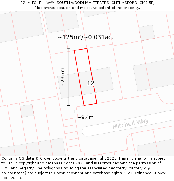 12, MITCHELL WAY, SOUTH WOODHAM FERRERS, CHELMSFORD, CM3 5PJ: Plot and title map