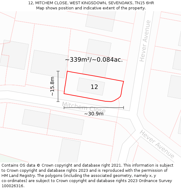 12, MITCHEM CLOSE, WEST KINGSDOWN, SEVENOAKS, TN15 6HR: Plot and title map