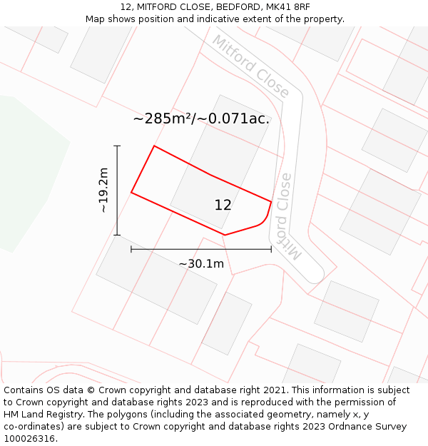 12, MITFORD CLOSE, BEDFORD, MK41 8RF: Plot and title map