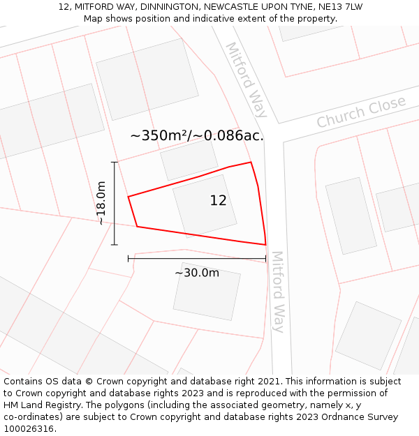 12, MITFORD WAY, DINNINGTON, NEWCASTLE UPON TYNE, NE13 7LW: Plot and title map