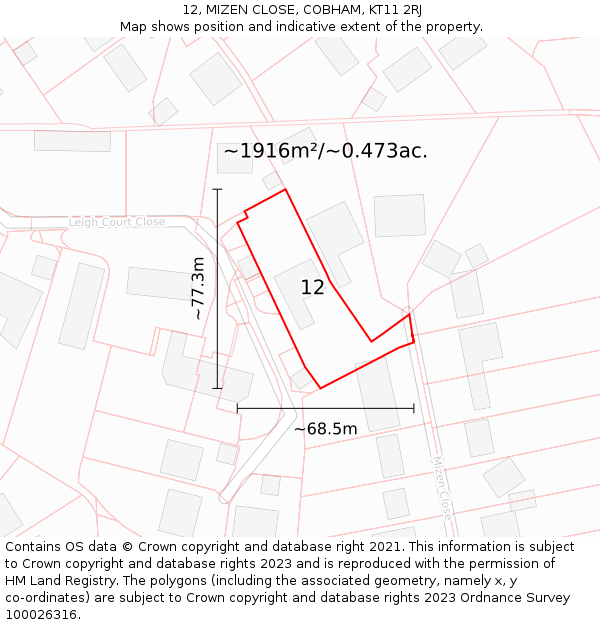 12, MIZEN CLOSE, COBHAM, KT11 2RJ: Plot and title map