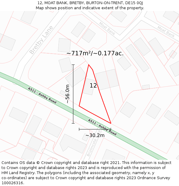 12, MOAT BANK, BRETBY, BURTON-ON-TRENT, DE15 0QJ: Plot and title map