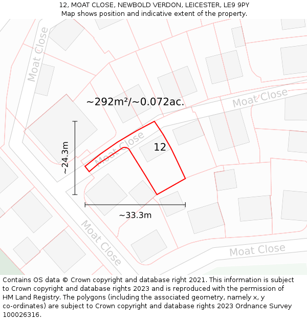 12, MOAT CLOSE, NEWBOLD VERDON, LEICESTER, LE9 9PY: Plot and title map