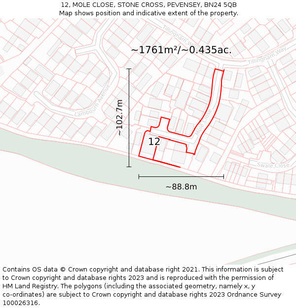 12, MOLE CLOSE, STONE CROSS, PEVENSEY, BN24 5QB: Plot and title map