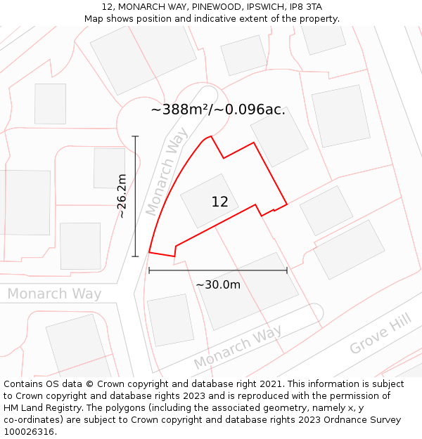 12, MONARCH WAY, PINEWOOD, IPSWICH, IP8 3TA: Plot and title map