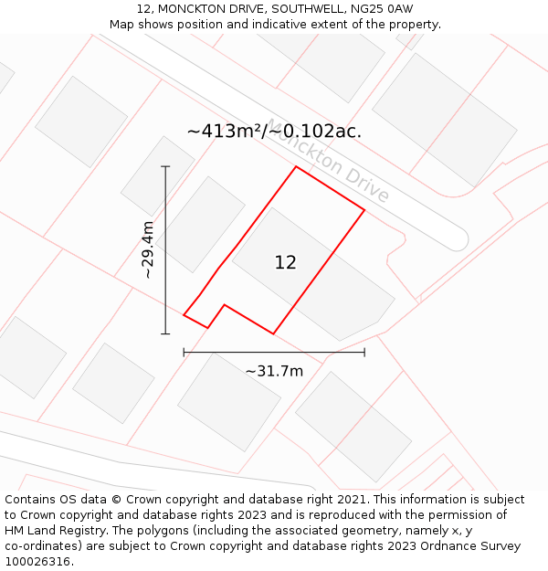 12, MONCKTON DRIVE, SOUTHWELL, NG25 0AW: Plot and title map
