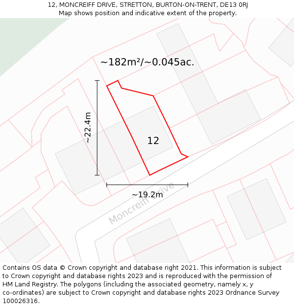 12, MONCREIFF DRIVE, STRETTON, BURTON-ON-TRENT, DE13 0RJ: Plot and title map