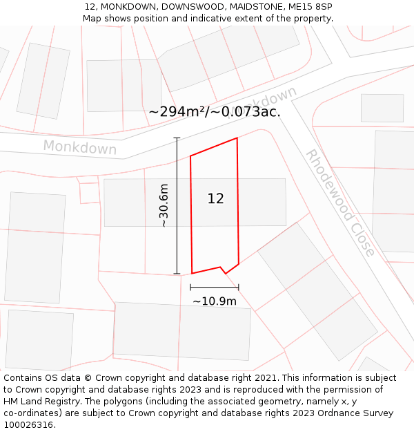 12, MONKDOWN, DOWNSWOOD, MAIDSTONE, ME15 8SP: Plot and title map