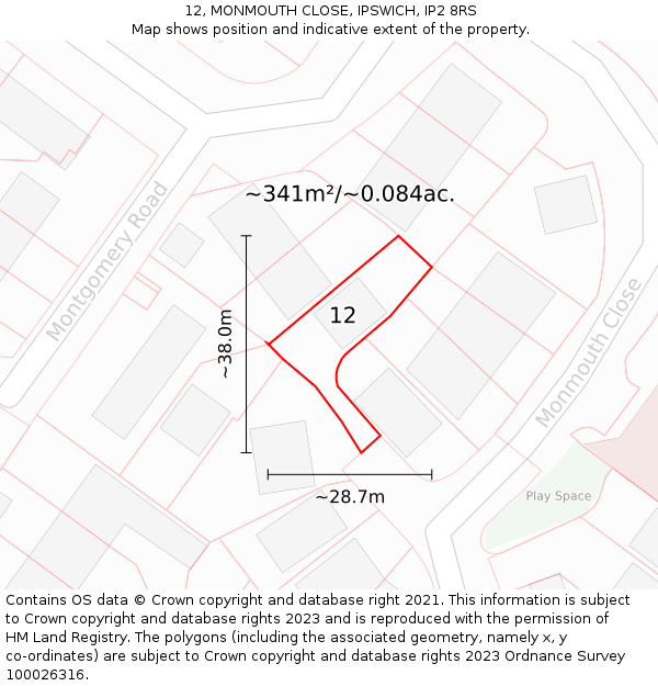 12, MONMOUTH CLOSE, IPSWICH, IP2 8RS: Plot and title map