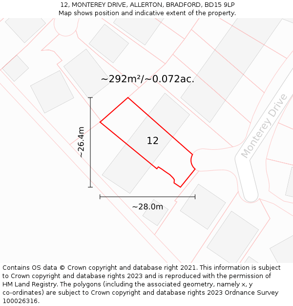 12, MONTEREY DRIVE, ALLERTON, BRADFORD, BD15 9LP: Plot and title map