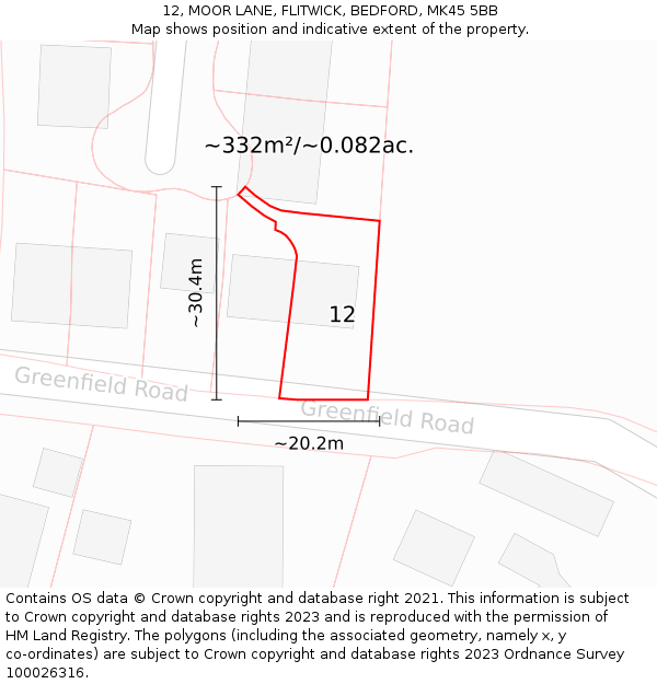 12, MOOR LANE, FLITWICK, BEDFORD, MK45 5BB: Plot and title map