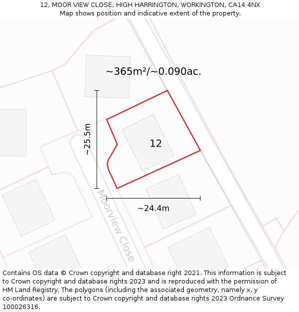 12, MOOR VIEW CLOSE, HIGH HARRINGTON, WORKINGTON, CA14 4NX: Plot and title map