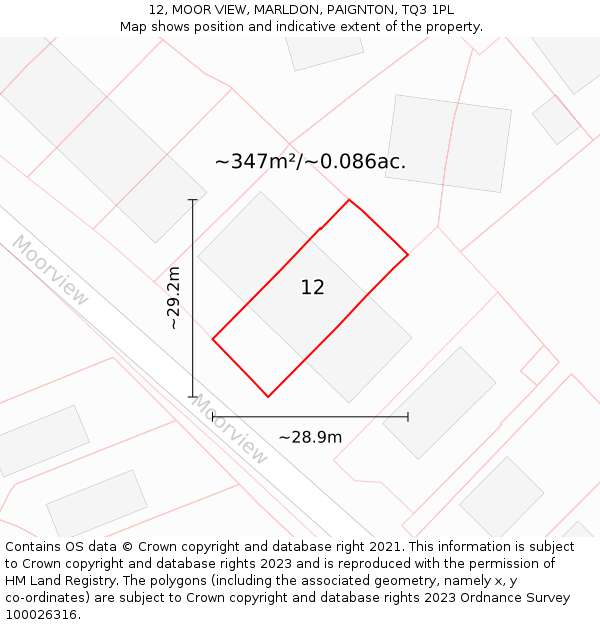 12, MOOR VIEW, MARLDON, PAIGNTON, TQ3 1PL: Plot and title map