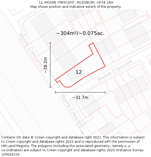 12, MOORE CRESCENT, AYLESBURY, HP18 1AH: Plot and title map