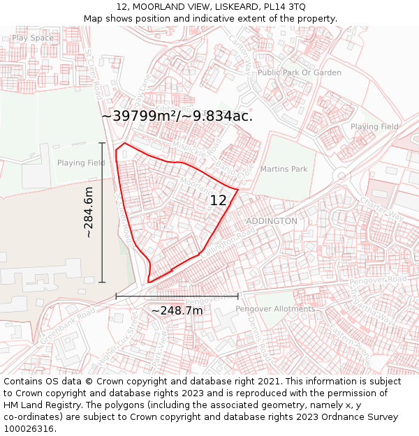 12, MOORLAND VIEW, LISKEARD, PL14 3TQ: Plot and title map
