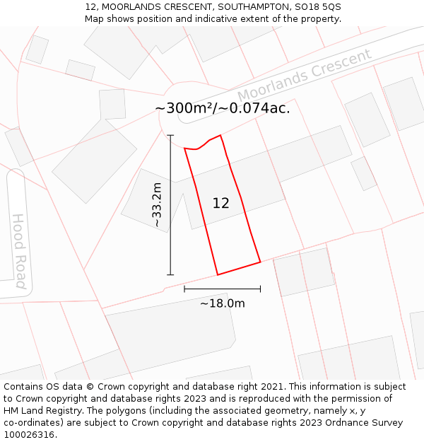 12, MOORLANDS CRESCENT, SOUTHAMPTON, SO18 5QS: Plot and title map
