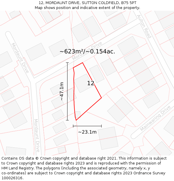 12, MORDAUNT DRIVE, SUTTON COLDFIELD, B75 5PT: Plot and title map