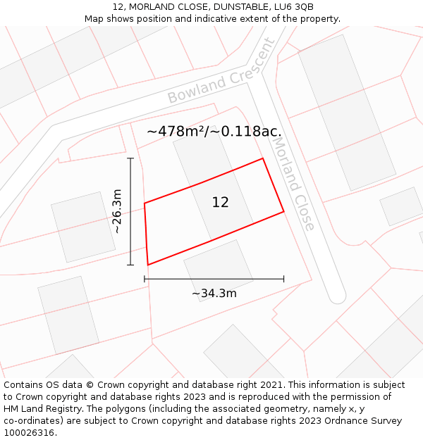 12, MORLAND CLOSE, DUNSTABLE, LU6 3QB: Plot and title map