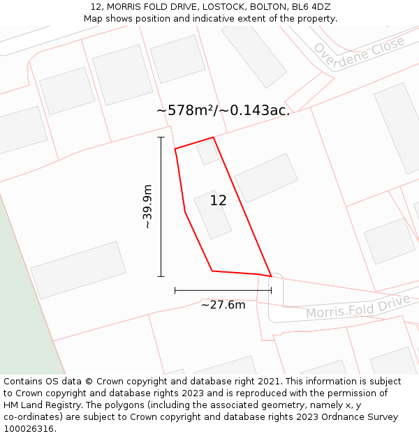 12, MORRIS FOLD DRIVE, LOSTOCK, BOLTON, BL6 4DZ: Plot and title map