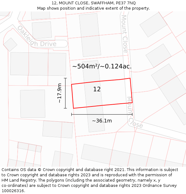 12, MOUNT CLOSE, SWAFFHAM, PE37 7NQ: Plot and title map
