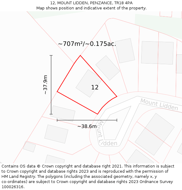 12, MOUNT LIDDEN, PENZANCE, TR18 4PA: Plot and title map