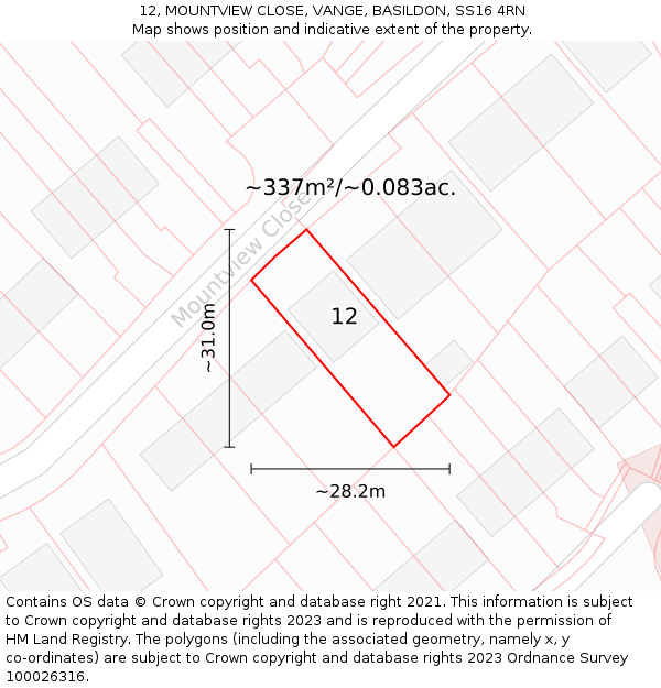 12, MOUNTVIEW CLOSE, VANGE, BASILDON, SS16 4RN: Plot and title map