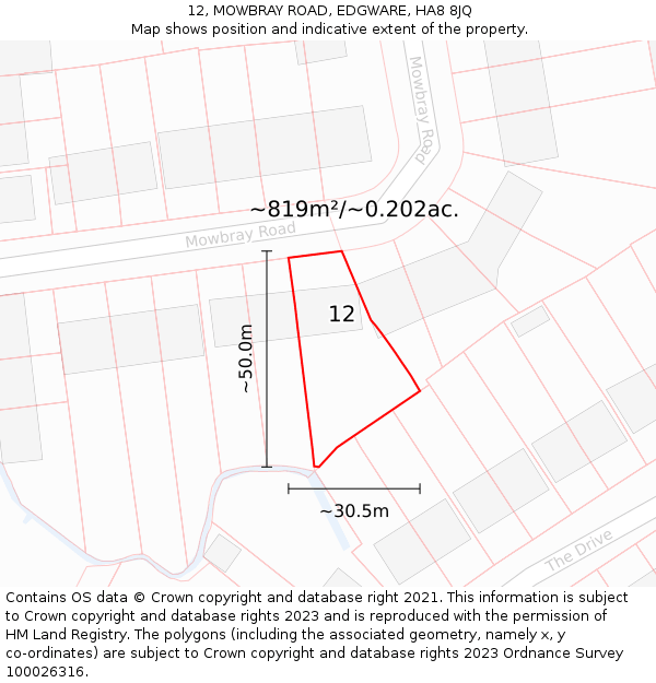 12, MOWBRAY ROAD, EDGWARE, HA8 8JQ: Plot and title map