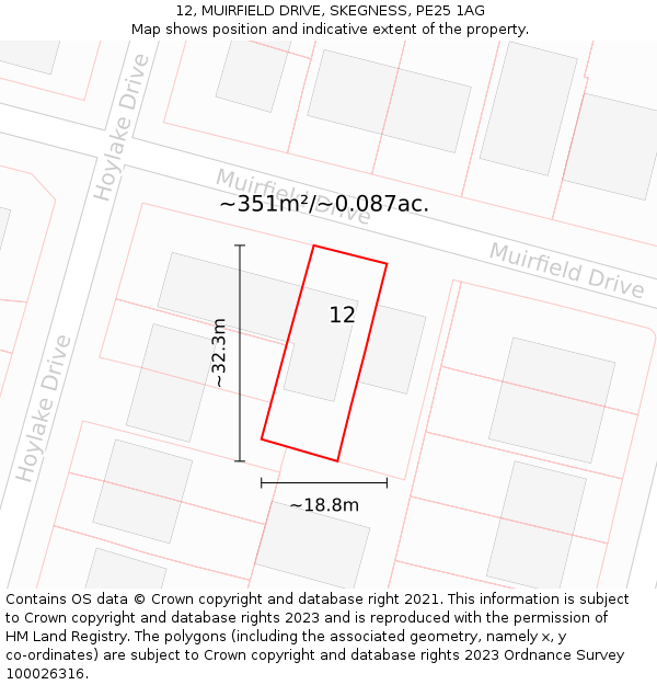 12, MUIRFIELD DRIVE, SKEGNESS, PE25 1AG: Plot and title map
